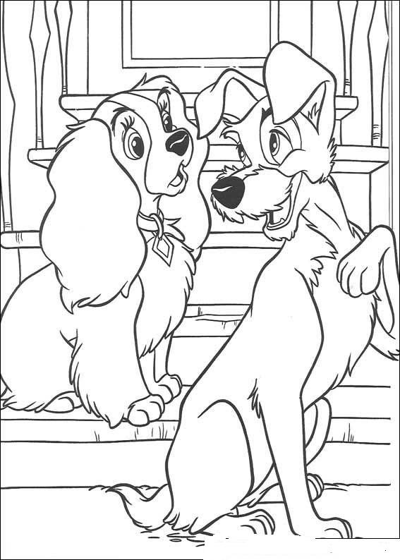 Coloriage de la Belle et le Clochard partageant un repas romantique en plein air