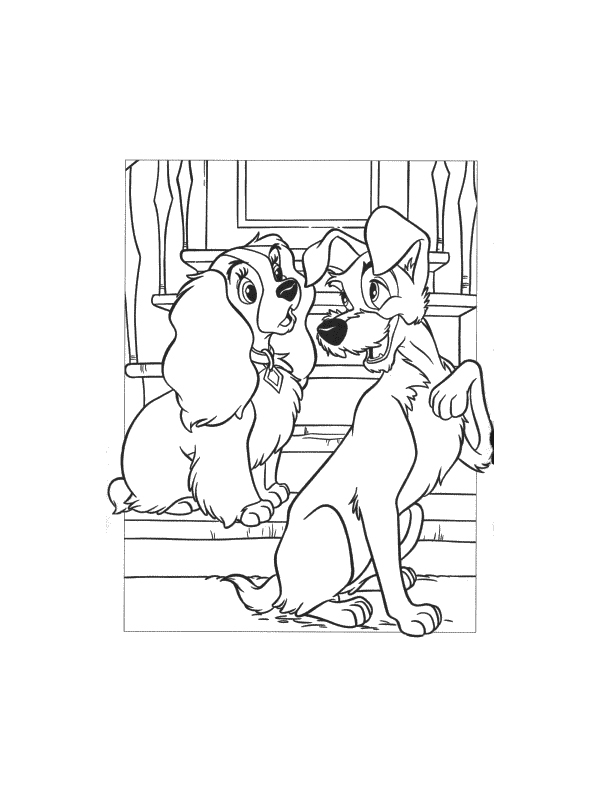 Coloriage de Lady et Tramp partageant un repas romantique sous les étoiles
