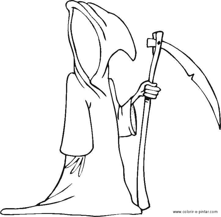 Coloriage représentant la Mort avec une faux dans un décor gothique