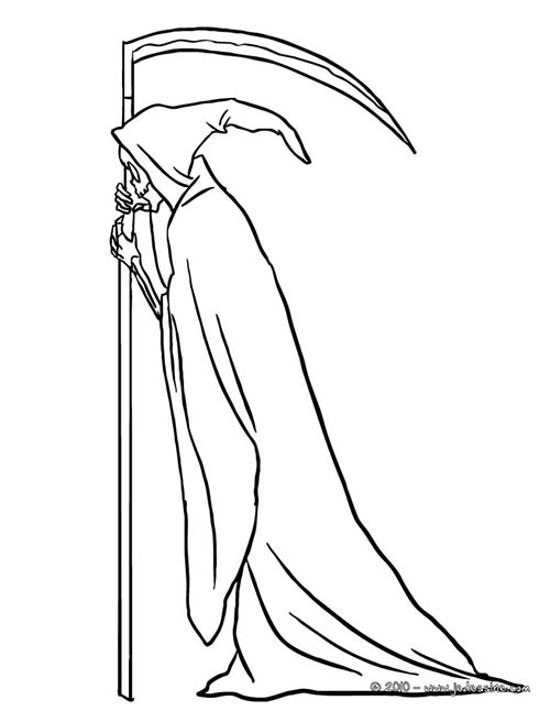 Coloriage de la Mort avec sa Faux et un Cimetière en Fond