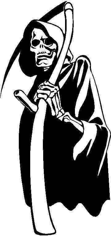 Coloriage représentant la Mort avec sa faux dans un décor sombre