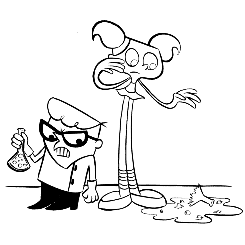 Coloriage représentant le laboratoire de Dexter avec des équipements scientifiques