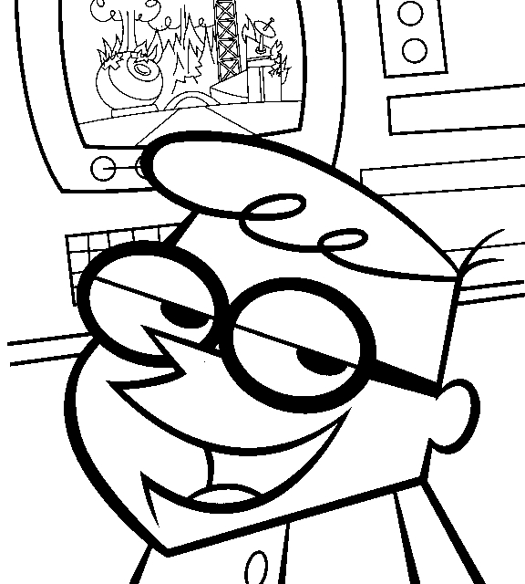 Coloriage de Dexter dans son laboratoire avec ses inventions