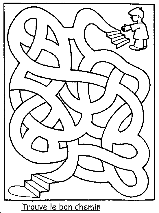 Coloriage de labyrinthe complexe avec chemins sinueux et éléments variés