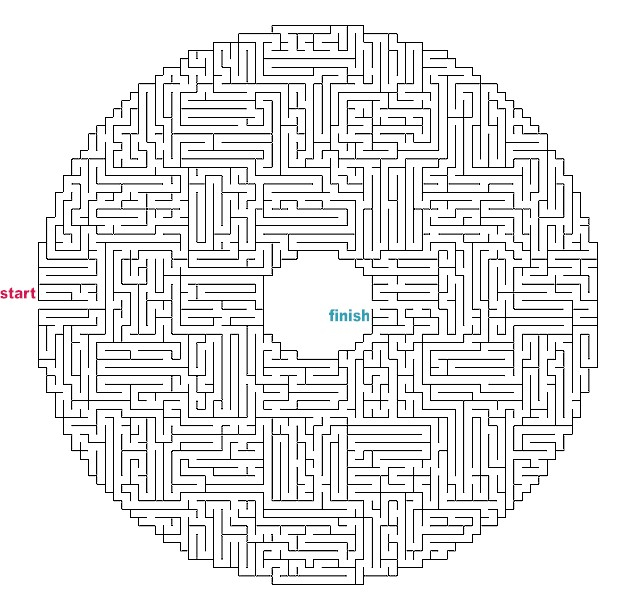 Un labyrinthe complexe à colorier avec des chemins sinueux