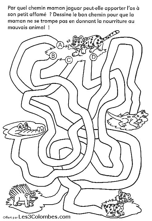 Coloriage d'un labyrinthe avec chemins sinueux et éléments variés