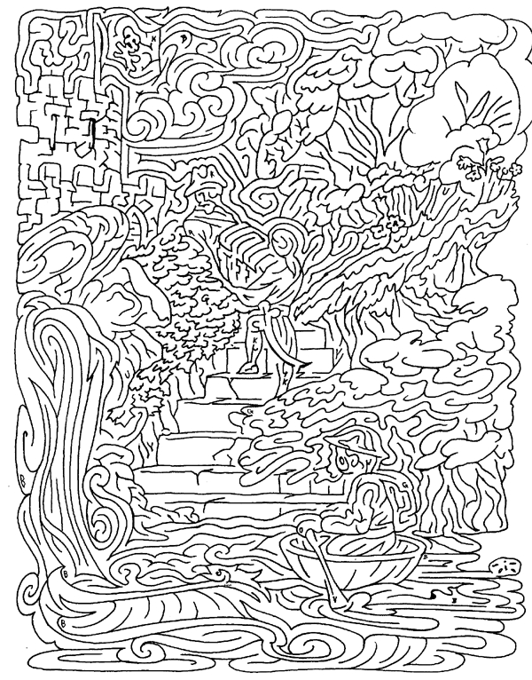 Coloriage de labyrinthes avec un chemin complexe à travers des obstacles