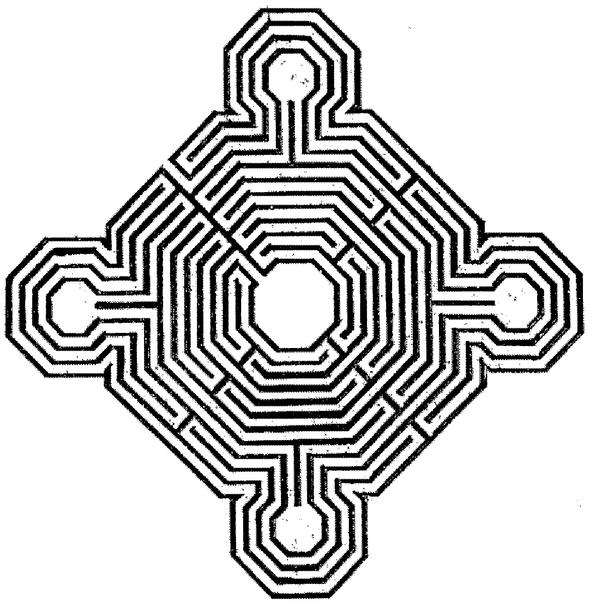 Coloriage d'un labyrinthe complexe avec chemins sinueux et motifs variés