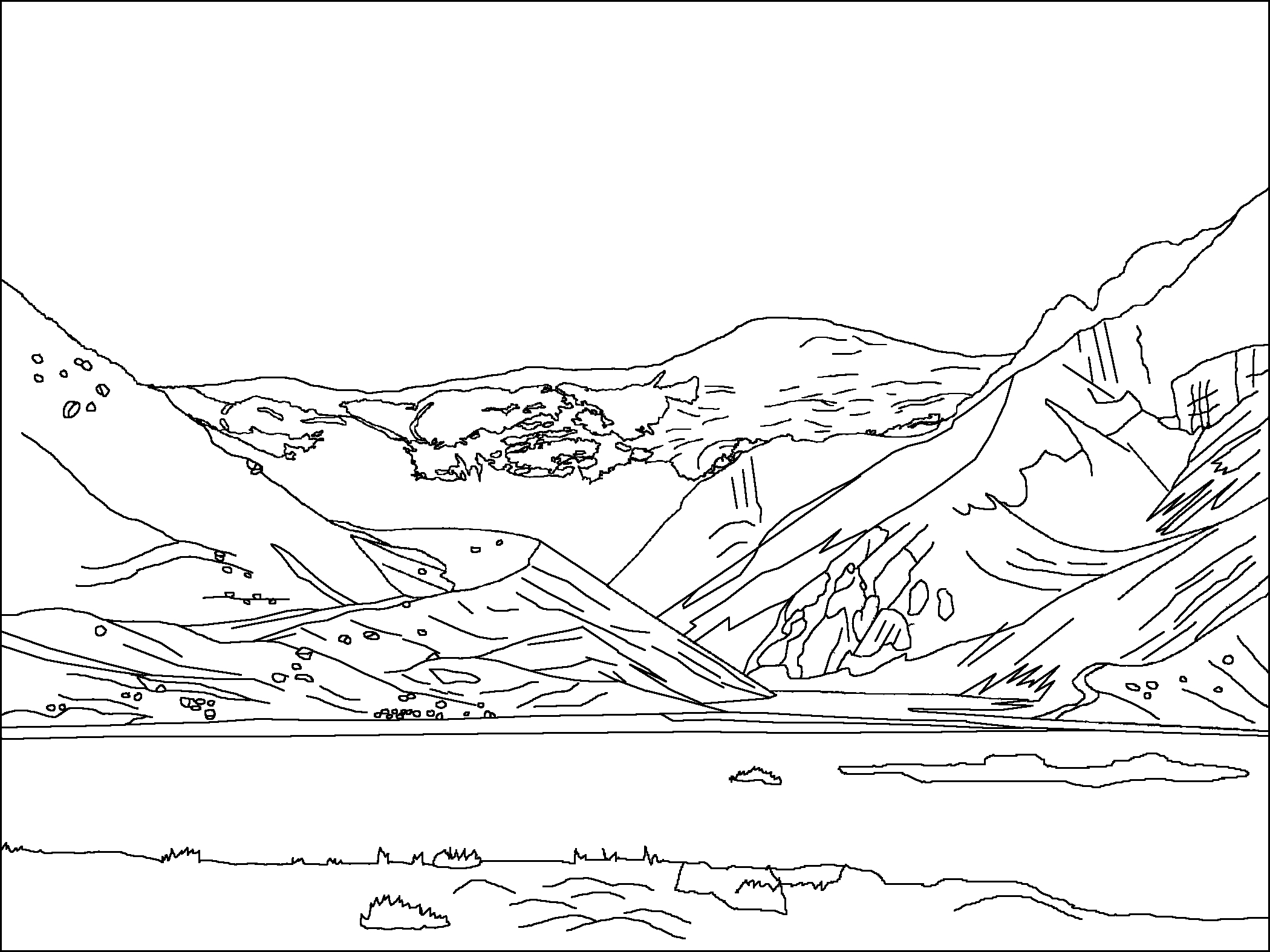 Coloriage d'un lac paisible entouré de montagnes et d'arbres