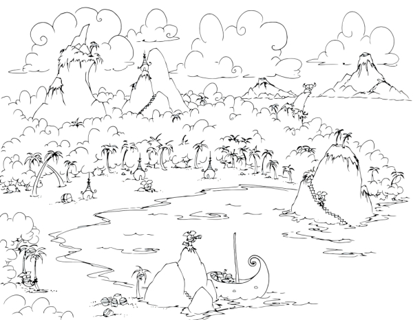 Coloriage d'un lac paisible entouré d'arbres