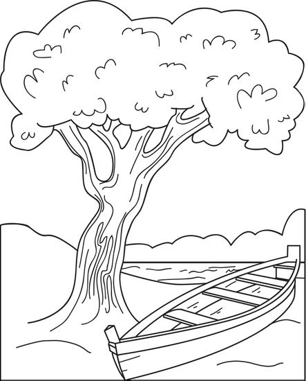 Coloriage d'un lac entouré de montagnes et de conifères