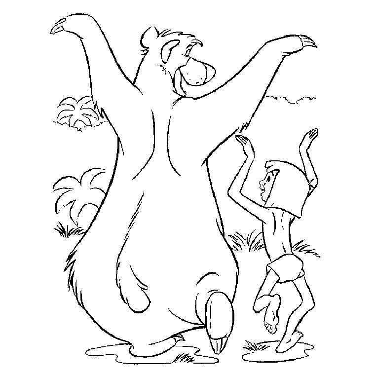 Un coloriage du livre de la jungle avec Mowgli et ses amis dans la nature