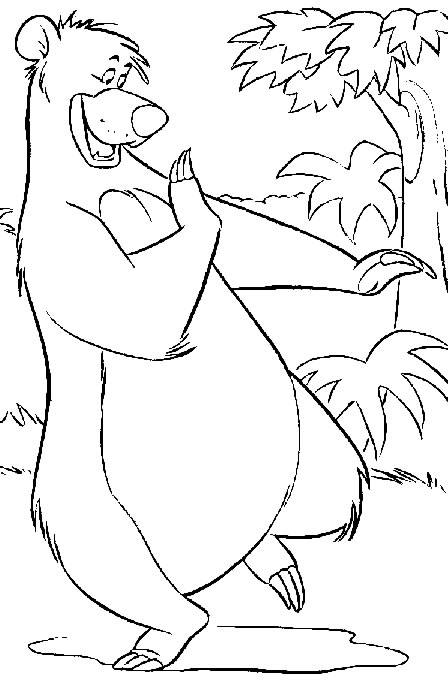 Scène de coloriage du Livre de la Jungle avec Mowgli et Baloo dans la jungle