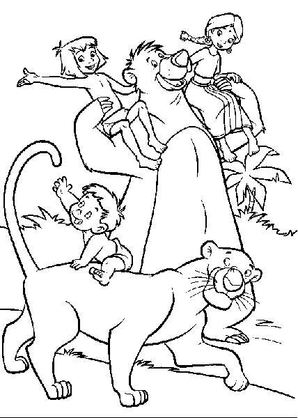 Scène de jungle avec des personnages du Livre de la Jungle en pleine aventure