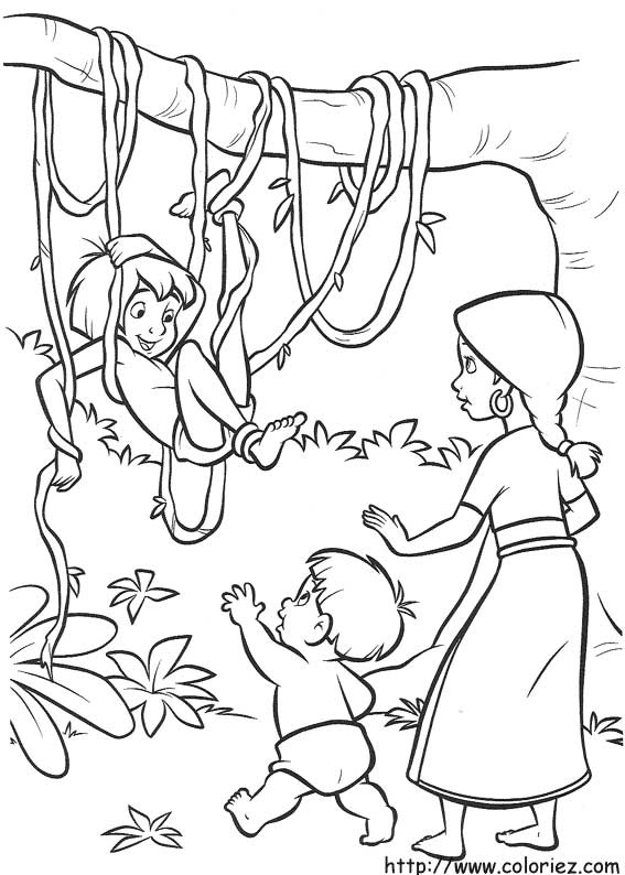 Coloriage d'une scène emblématique du Livre de la Jungle avec Mowgli et ses amis
