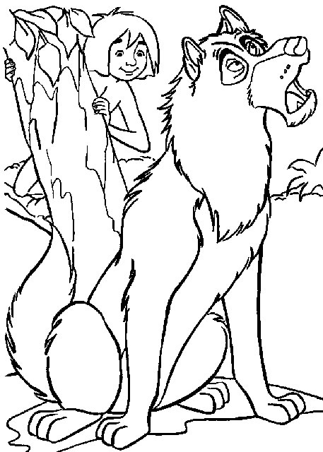 Coloriage du Livre de la Jungle avec Mowgli et Baloo dans la forêt