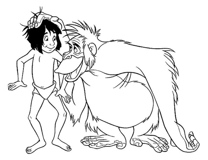 Coloriage du livre de la jungle avec Mowgli et Baloo dans la forêt