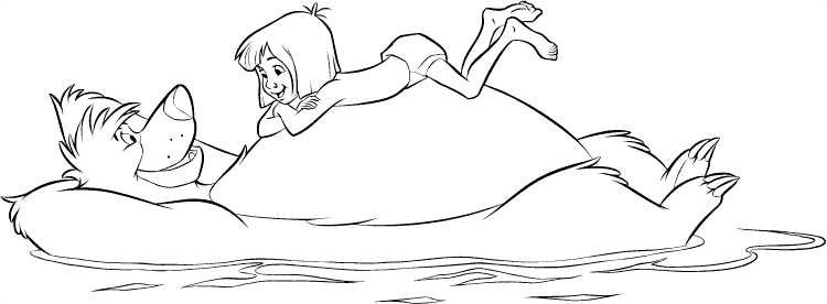 Scène de coloriage du Livre de la Jungle avec Mowgli et Baloo dans la jungle