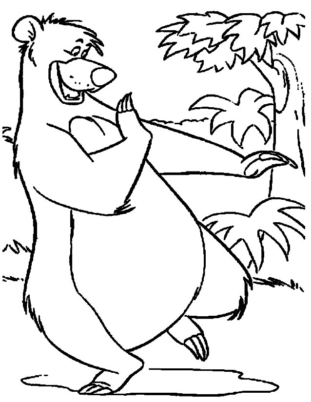 Coloriage du livre de la jungle avec Mowgli et Baloo dans la forêt