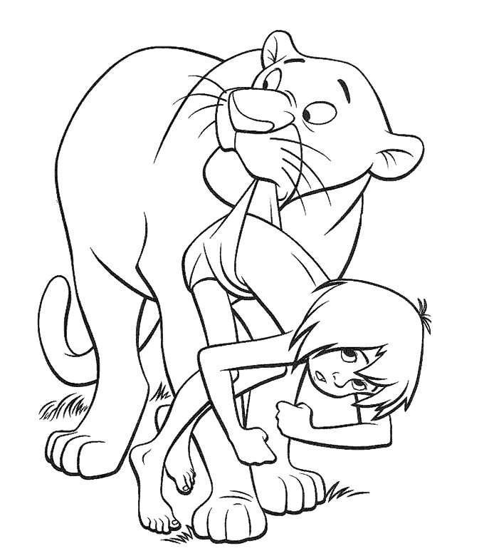 Coloriage d'une scène emblématique du Livre de la Jungle avec Mowgli et Baloo