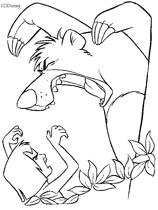 Coloriage du livre de la jungle avec Mowgli et Baloo au milieu de la forêt
