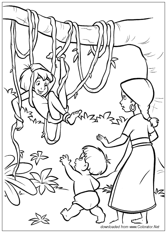 Scène de jungle avec des personnages du Livre de la Jungle en pleine aventure