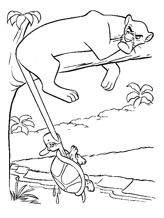Coloriage du Livre de la Jungle avec Mowgli et Baloo dans la forêt