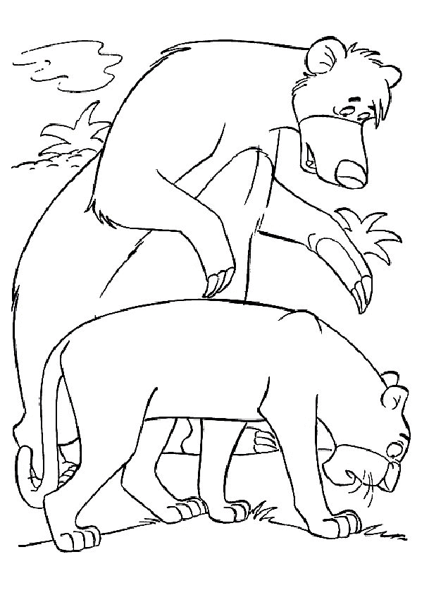 Scène de jungle avec Mowgli et Baloo entourés d'animaux