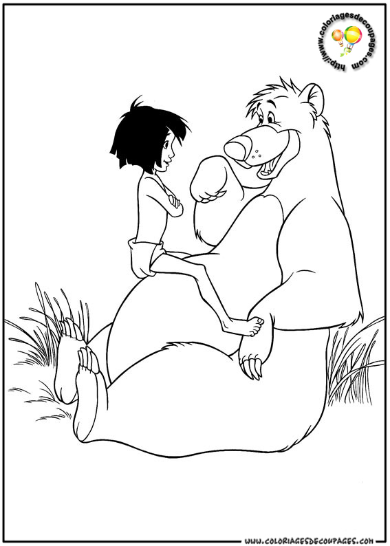 Coloriage du Livre de la Jungle avec Mowgli et ses amis dans la forêt