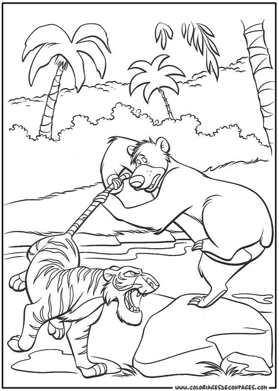 Coloriage d'une scène emblématique du Livre de la Jungle avec Mowgli et Baloo