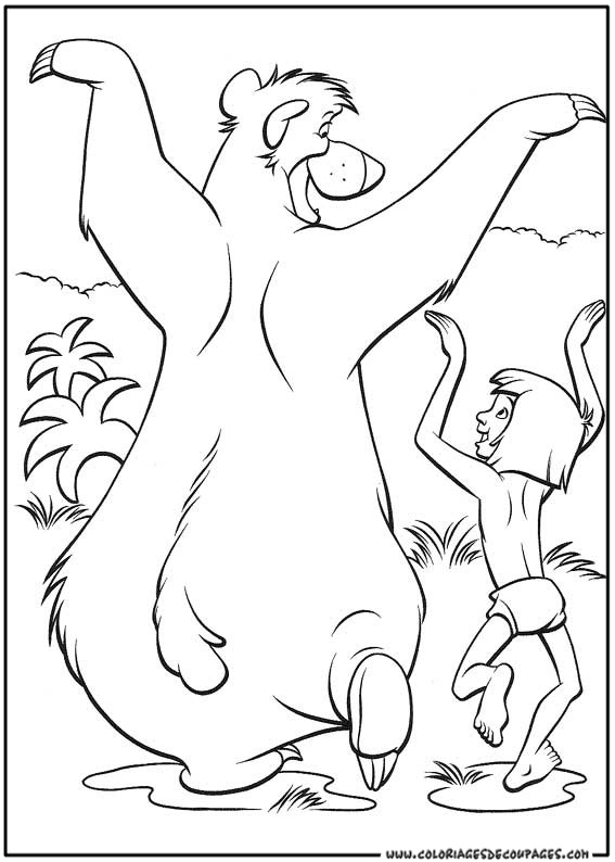 Coloriage représentant Mowgli et Baloo dans la jungle