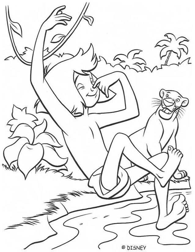 Le coloriage du Livre de la Jungle avec Mowgli et Baloo au bord de la rivière