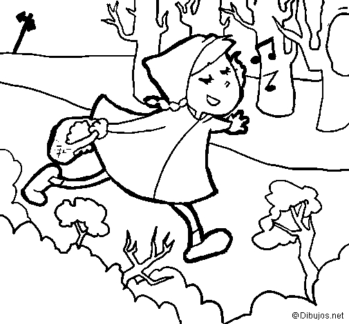 Le Petit Chaperon Rouge marchant dans la forêt vers la maison de sa grand-mère