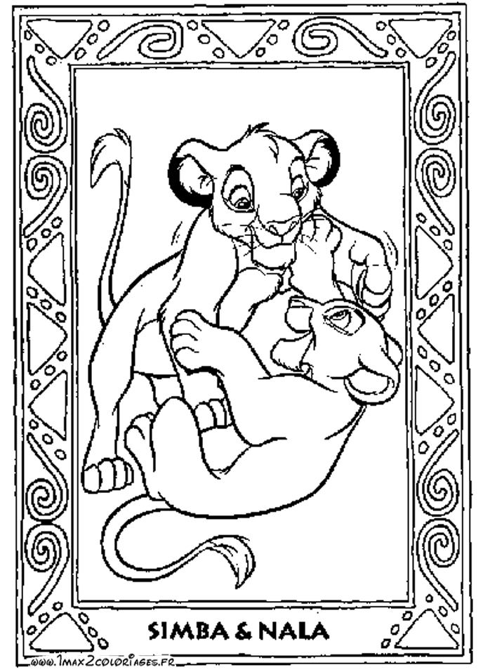 Scène de coloriage représentant Simba et son ami Pumbaa dans la savane