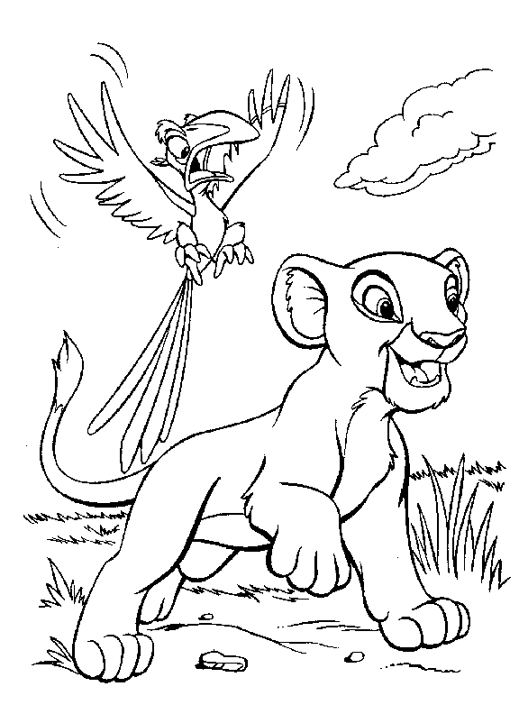 Scène de coloriage représentant Simba et ses amis dans la savane