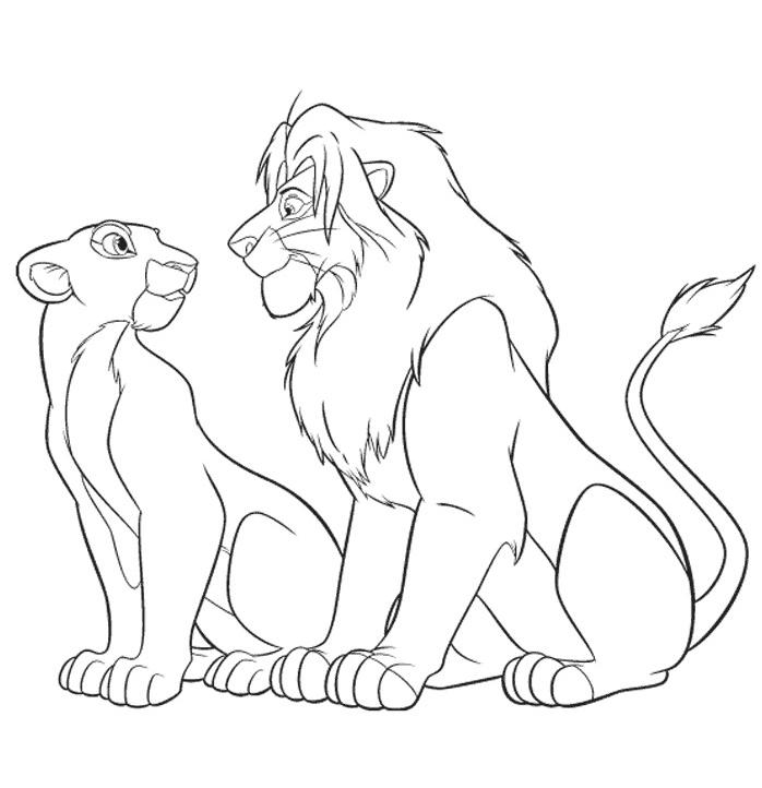 Scène de coloriage représentant Simba et Nala dans la savane
