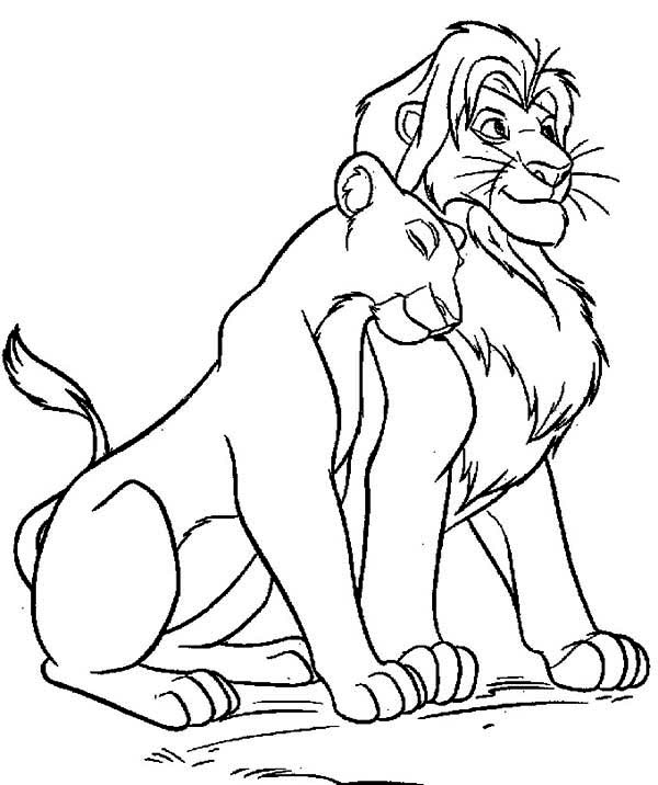 Scène de coloriage avec Simba et ses amis au cœur de la savane