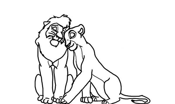 Coloriage représentant Simba et Nala au milieu de la savane