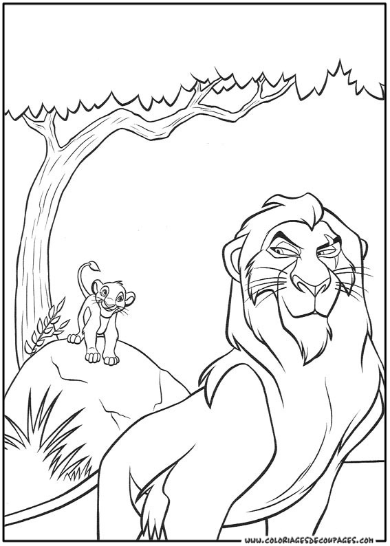 Scène de coloriage du roi lion avec Simba et Nala sous un ciel étoilé