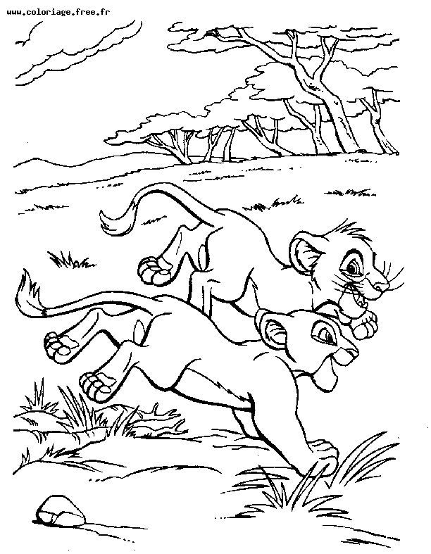 Simba et Nala jouant dans la savane sous un ciel ensoleillé