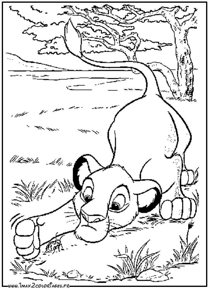 Scène emblématique du Roi Lion avec Simba et son environnement savane