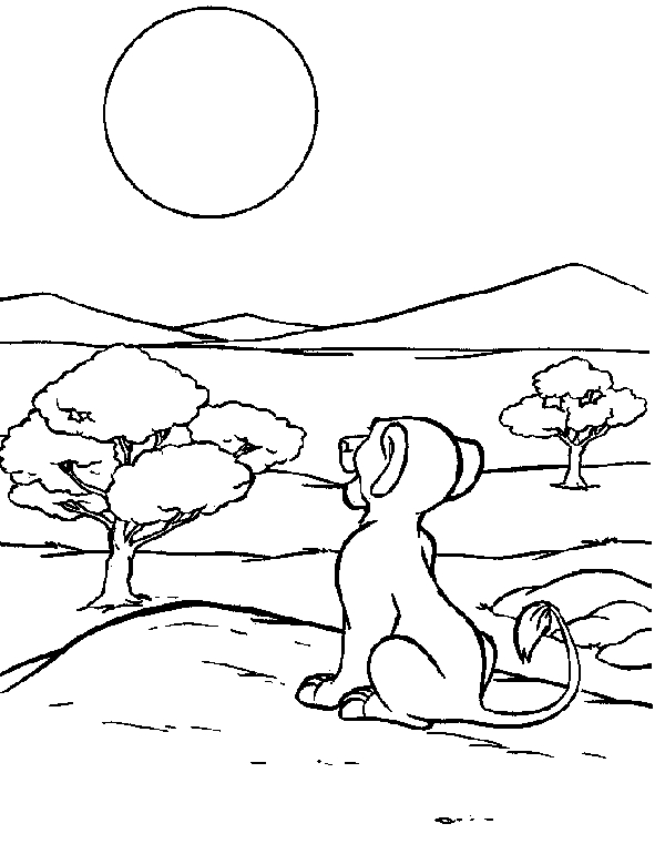 Scène de coloriage du roi lion avec Simba et son environnement naturel