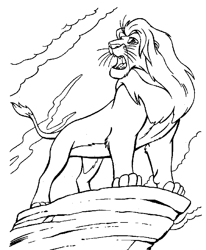 Scène de coloriage avec Simba, le lion, dans son environnement naturel
