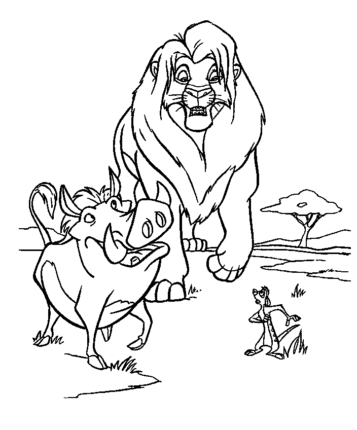 Coloriage du roi lion avec Simba et son ami Pumbaa dans la savane