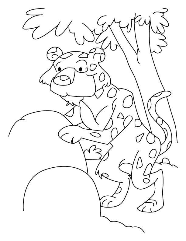 Coloriage d'un léopard en pleine posture de chasse dans la savane