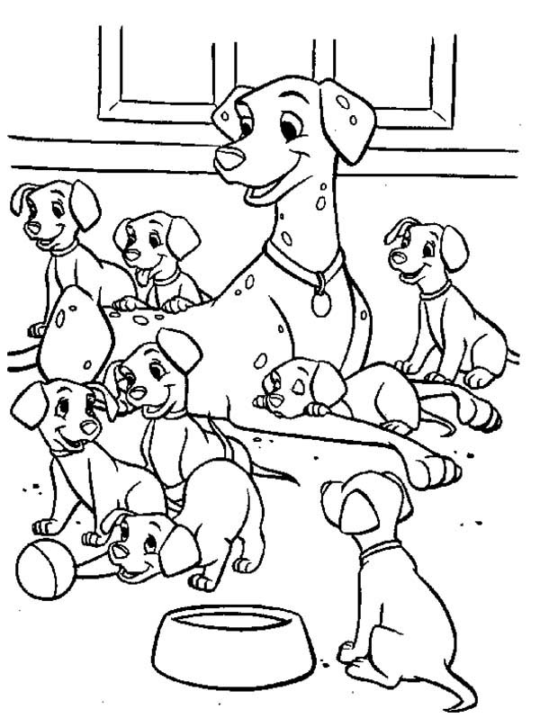 Coloriage des 101 Dalmatiens avec des chiots jouant dans un jardin
