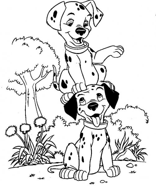 Coloriage des 101 Dalmatiens avec des chiots joueurs dans un jardin