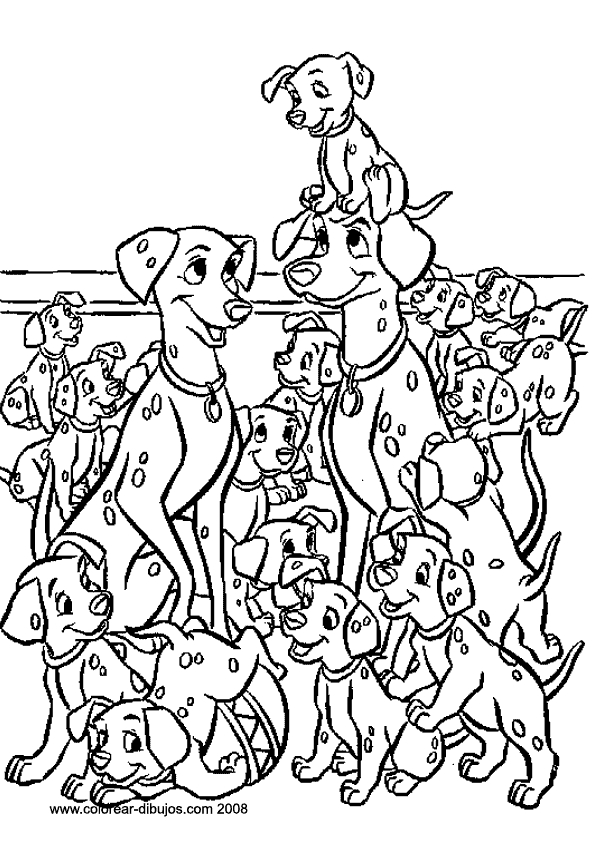 Coloriage des 101 Dalmatiens avec des chiots enjoués dans un décor stylisé