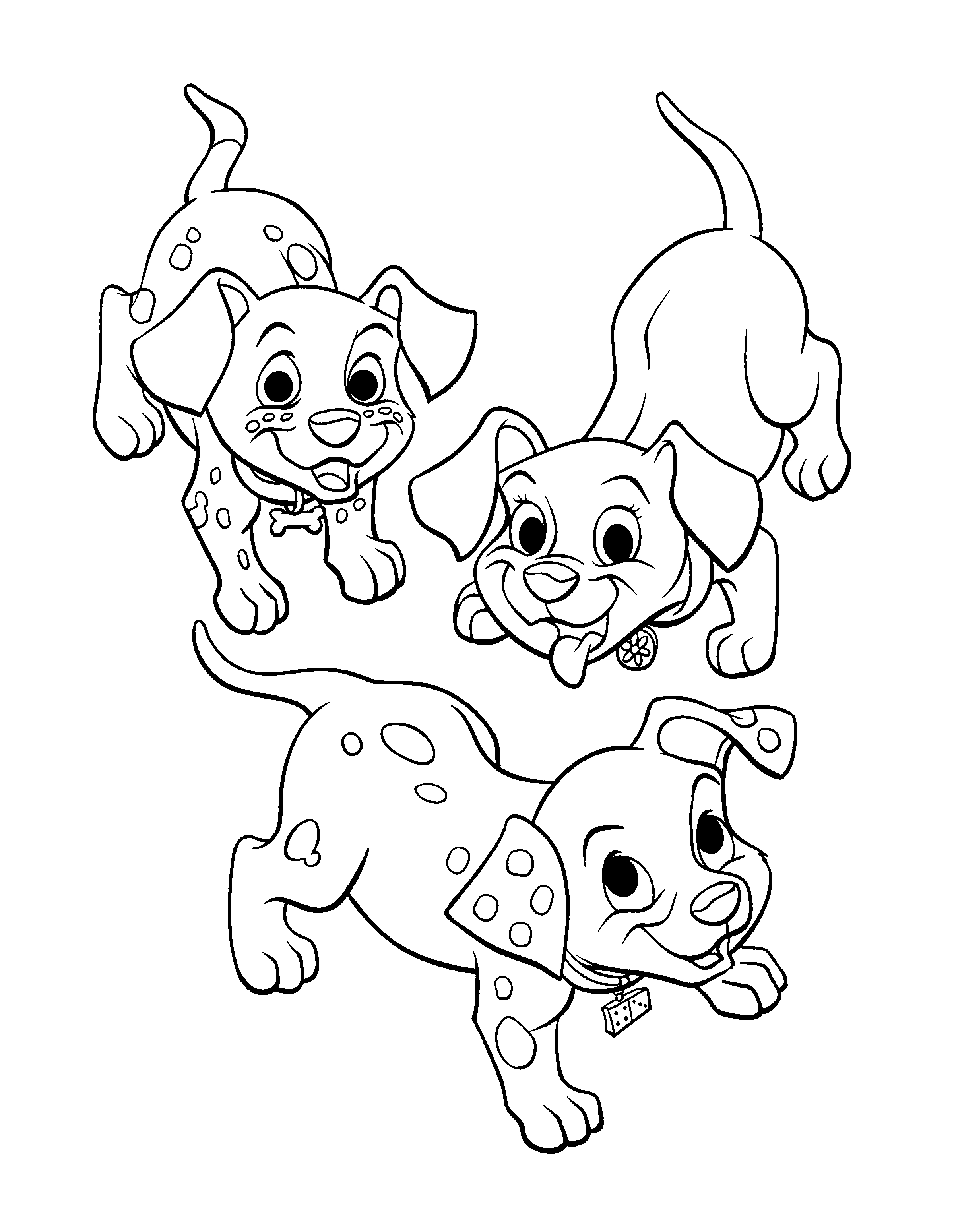 Coloriage des 101 Dalmatiens avec des chiots joueurs dans un décor extérieur