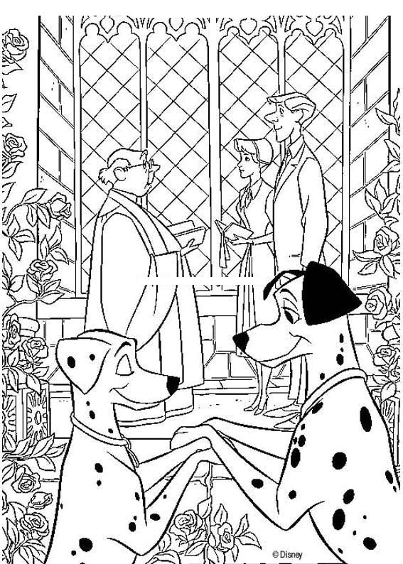 Coloriage des 101 Dalmatiens : des chiots joueurs dans un jardin